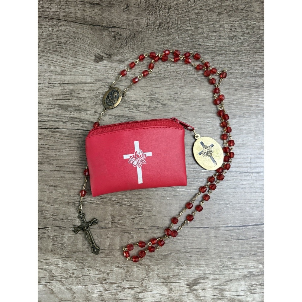 Catholic Rosary Red Faceted Beads Vinyl Pouch ST THERESE Pray for Us Vintage‎